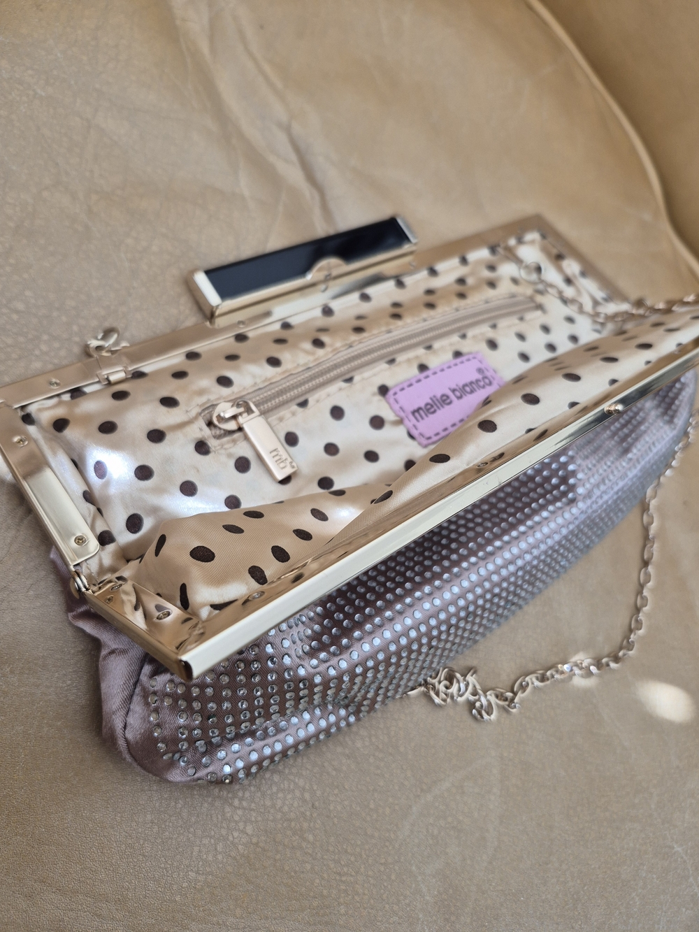 💕Melie Bianco Polka Dot Pink Satin Evening Clutch💕
